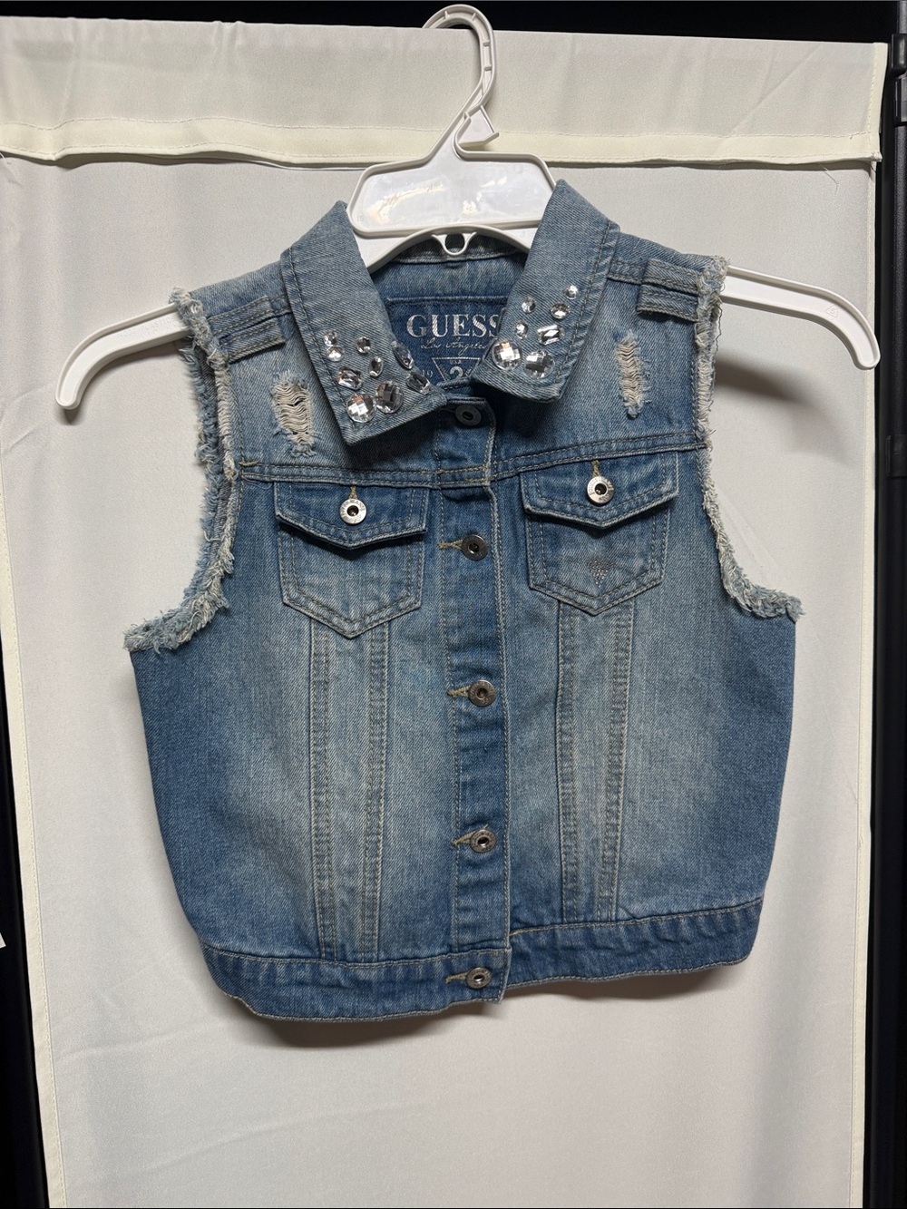 GUESS Girls Light Blue Distressed Denim Vest with Rhinestone Collar